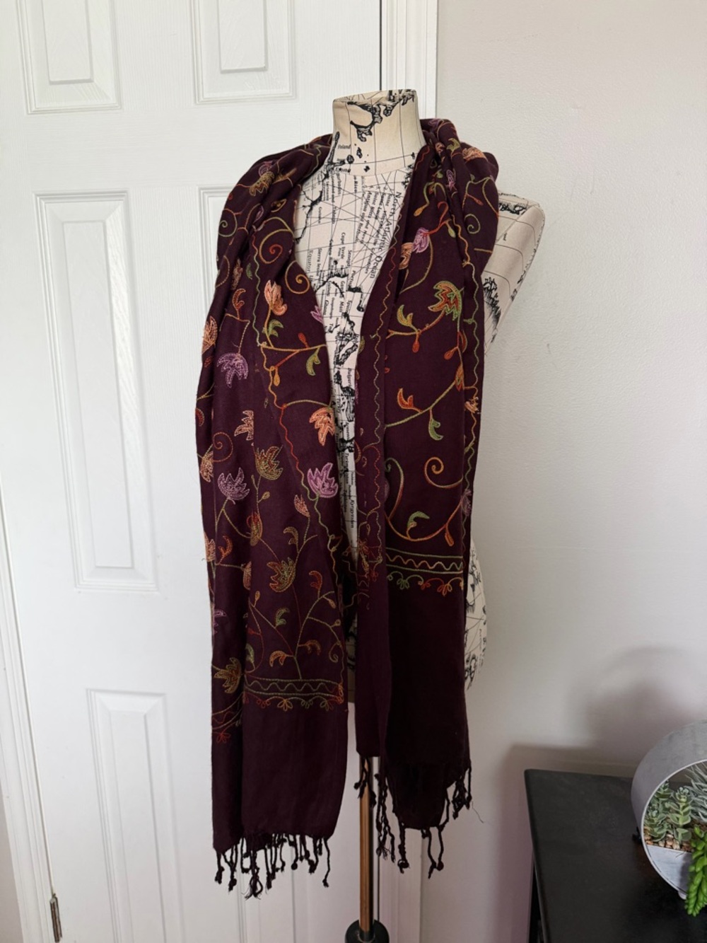 Kashmiri Aari Embroidered Floral Maroon Scarf bohemian shawl fringe multi wrap